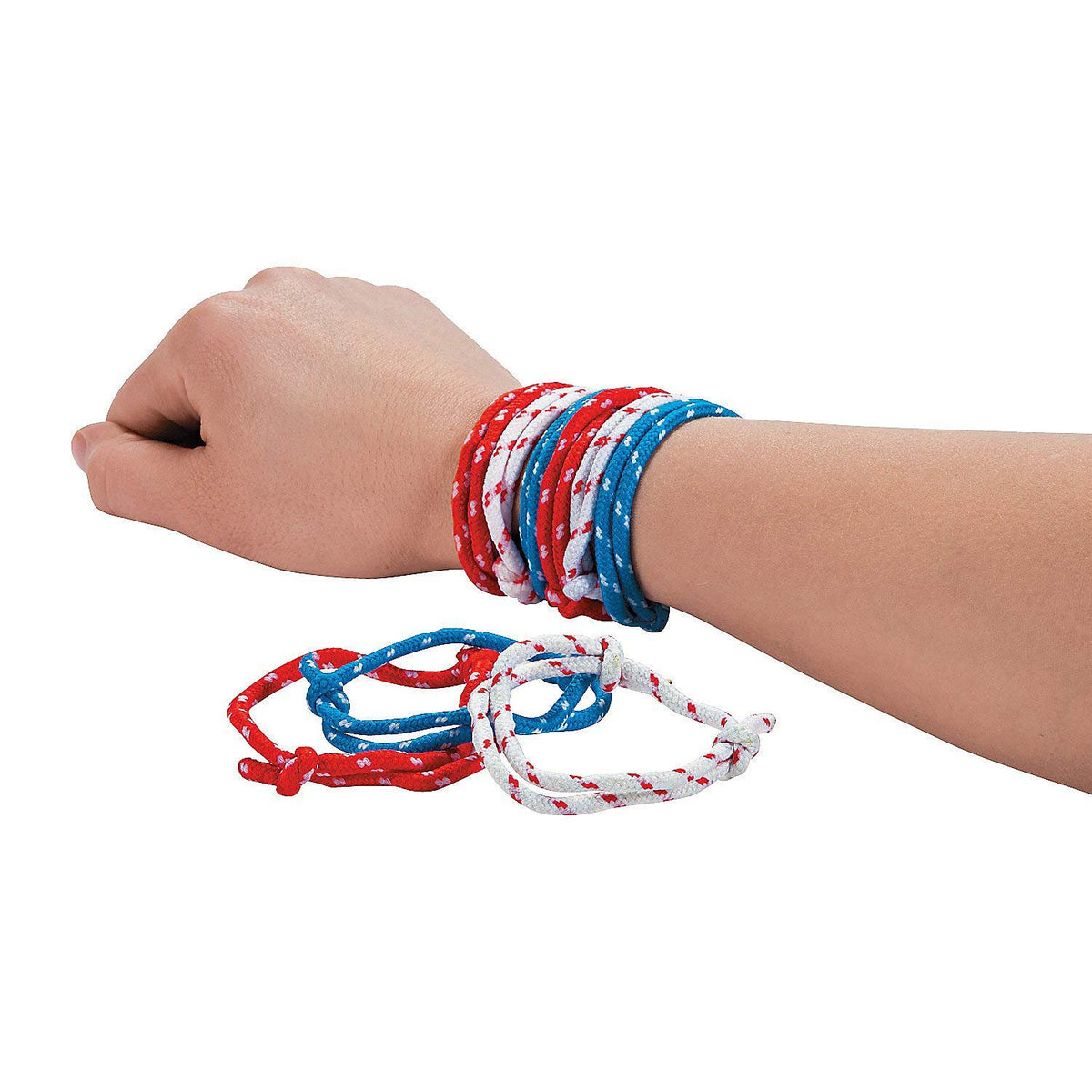 Fun Express Adjustable Patriotic Friendship Rope Bracelets - Bulk set of 72 Red, White and Blue - Fourth of July Jewelry and Party Favors