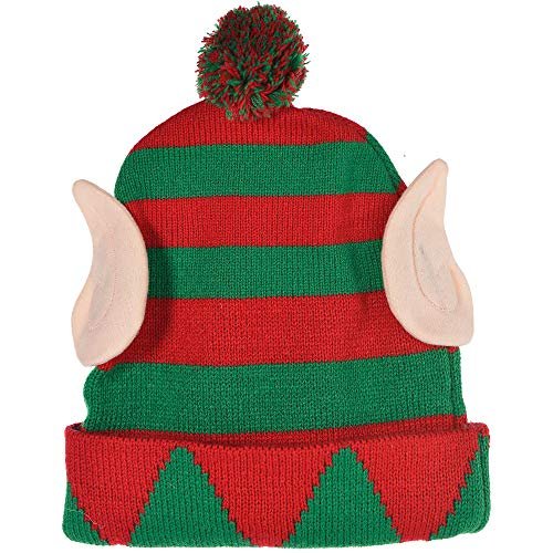 Amscan Elf Knit Hat - 11&quot; x 8&quot; (Pack of 1) - Festive Green &amp; Red Striped Beanie - Ideal for Christmas Celebrations